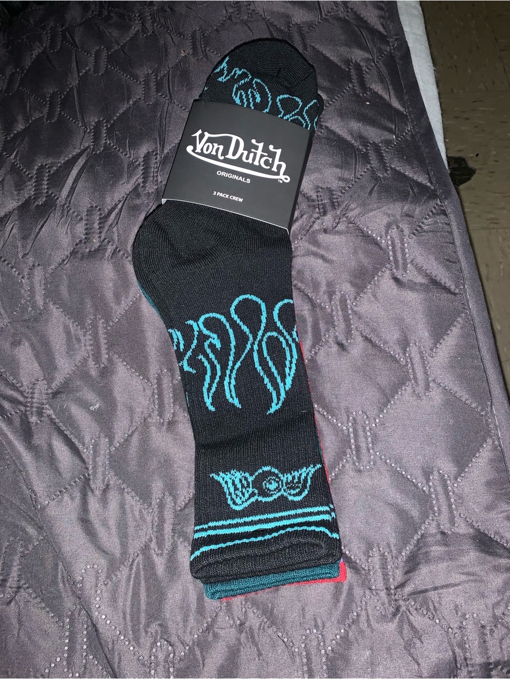 Von Dutch Black Crew Socks with Teal Flame Motif
